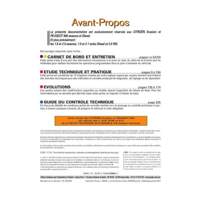 Revue technique auto (Rta) ETAI RTA 576.3 PEUGEOT 806-CITROEN EVASION 95/98 - ref. 11909