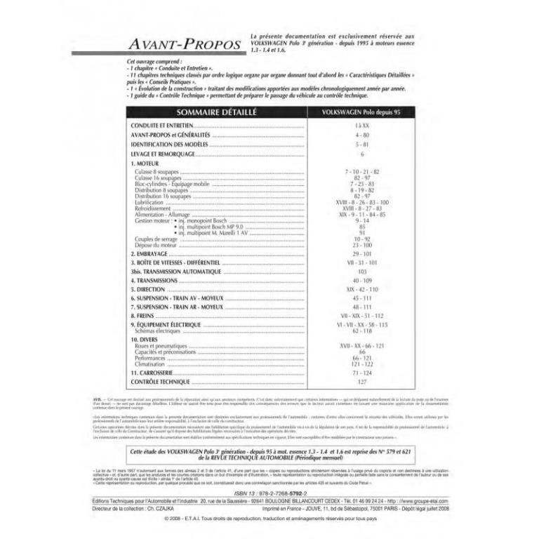 Revue technique auto (Rta) ETAI RTA 579.2 VW POLO 95-99 - ref. 12525