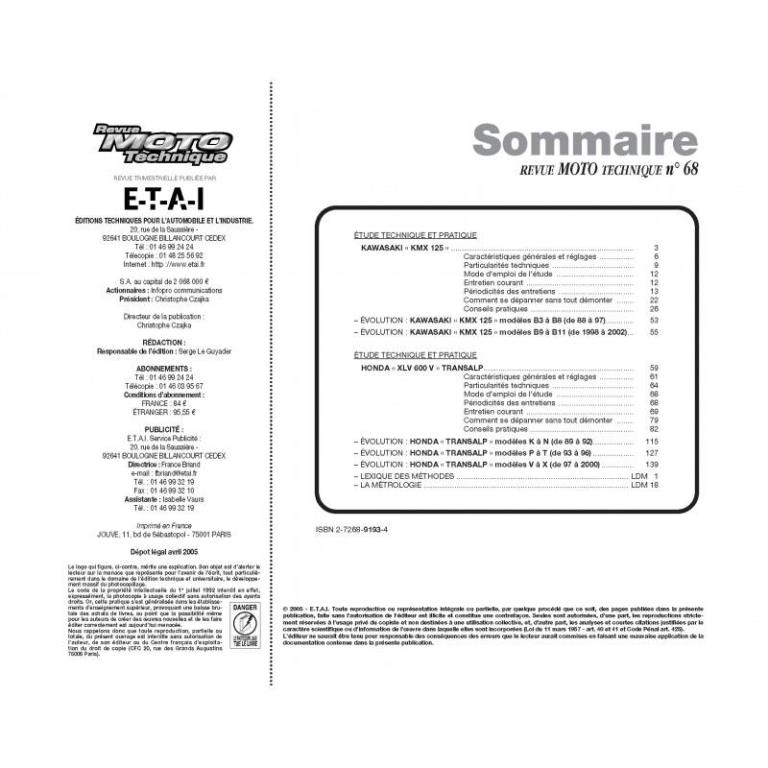 Revue technique moto ETAI RMT 68.3 KAWASAKI KMX 125 (86 à 2000) et HONDA XL 600V (Transalp) (87 à 2000) - ref. 12929