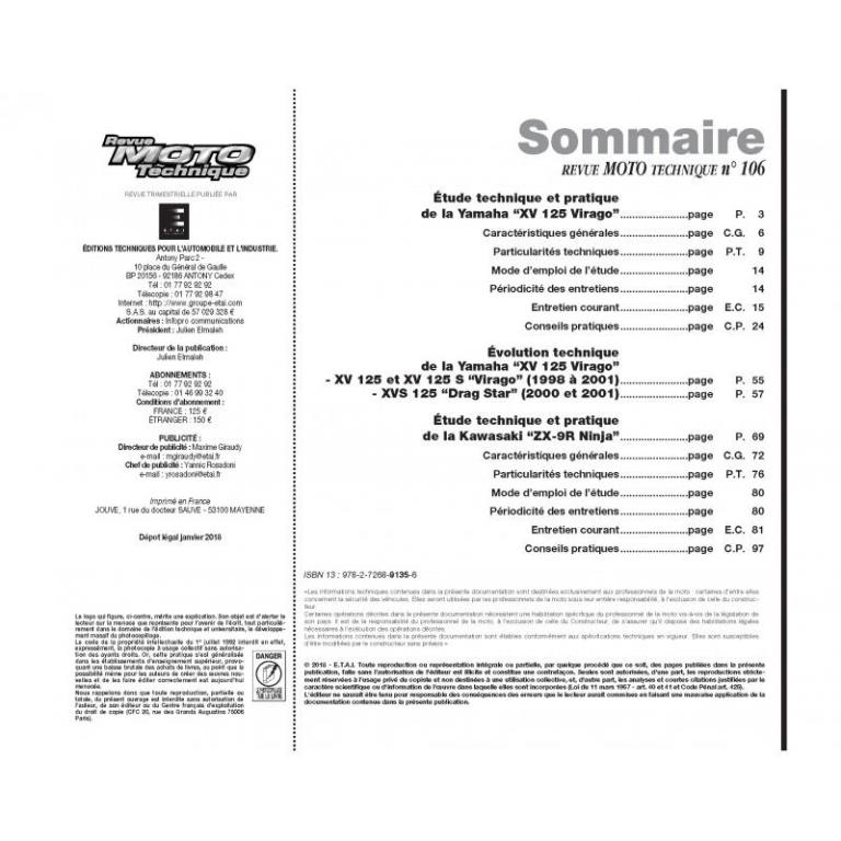 Revue technique moto ETAI RMT 106.2 YAMAHA XV-XVS 125 - XVS 152 (97 à 2001) et KAWASAKI ZX-9R (94 à 97) - ref. 13184