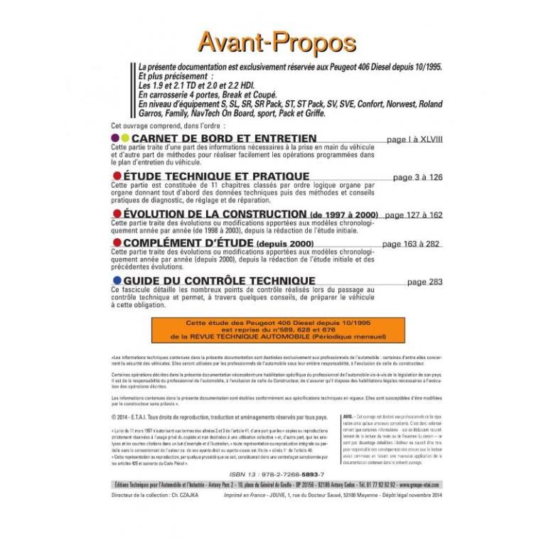 Revue technique auto (Rta) ETAI RTA 589.3 PEUGEOT 406 DIESEL PHASE 1 ET 2 DEP 10/95 - ref. 13448