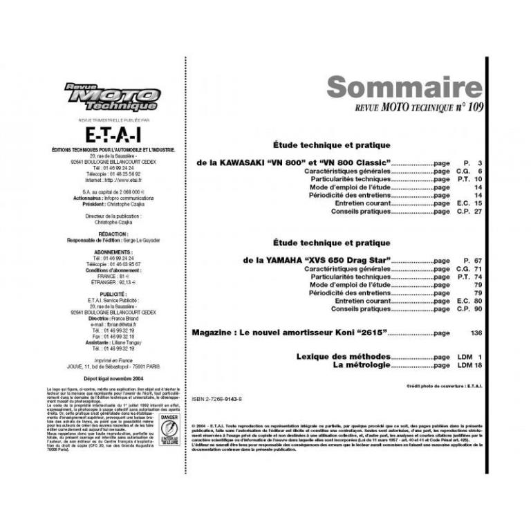Revue technique moto ETAI RMT 109.1 YAMAHA XVS 650 (1997 à 1998) et KAWASAKI VN 800 (1995 à 1998) - ref. 14334