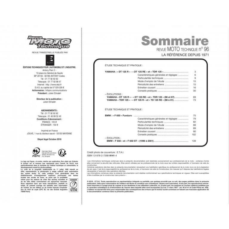 Revue technique moto ETAI RMT 96.5 YAMAHA DT/TDR 125 (1989 à 2001) et BMW F650 (1994 à 2001) - ref. 14533