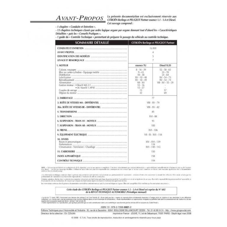 Revue technique auto (Rta) ETAI RTA 602.1 PEUGEOT PARTNER/CITROEN BERLINGO - ref. 14982