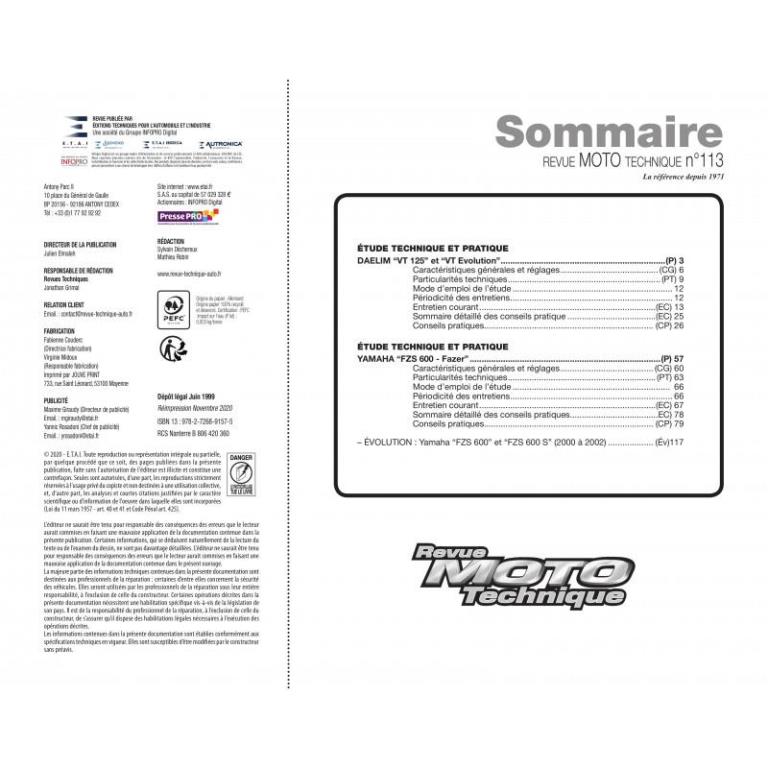Revue technique moto ETAI RMT 113.2 YAMAHA FZS600 (1998 à 2002) et DEALIM VT125 (1998 à 1999) - ref. 15767