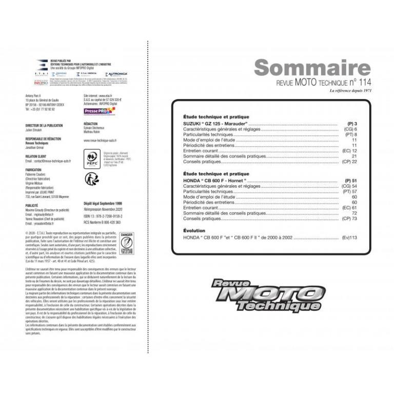 Revue technique moto ETAI RMT 114.2 HONDA CB600 (1998 à 2002) et SUZUKI GZ125 (1998 à 1999) - ref. 15768