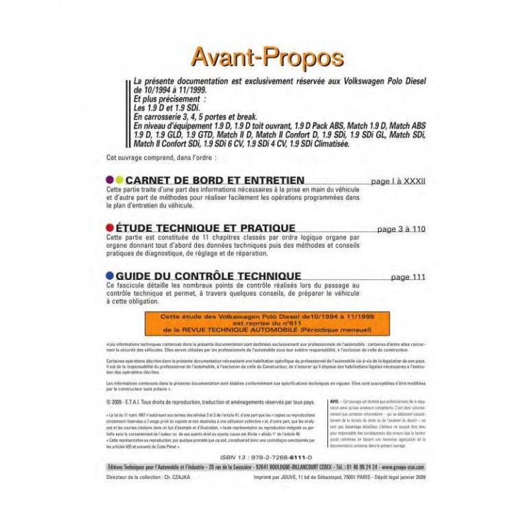 Revue technique auto (Rta) ETAI RTA 611.1 VW POLO DIESEL - ref. 16213