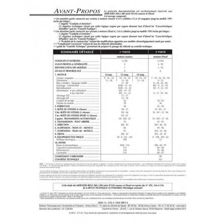 Revue technique auto (Rta) ETAI RTA 727.1 MERCEDES 200 A 300 E (85-92)-DIESEL 85-94 - ref. 16301
