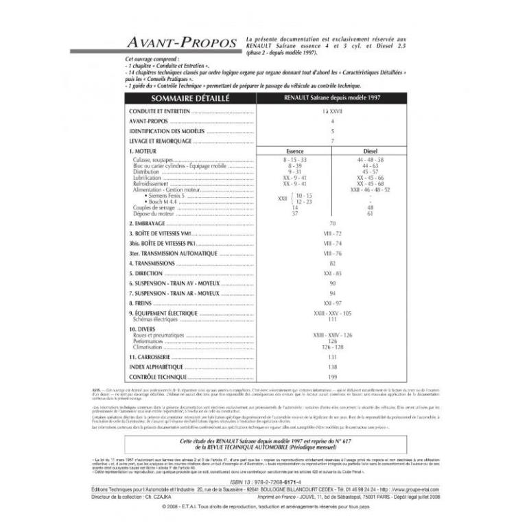 Revue technique auto (Rta) ETAI RTA 617.1 RENAULT SAFRANE 2 E/TD (4/5 CYL) DEPUIS 97 - ref. 16985