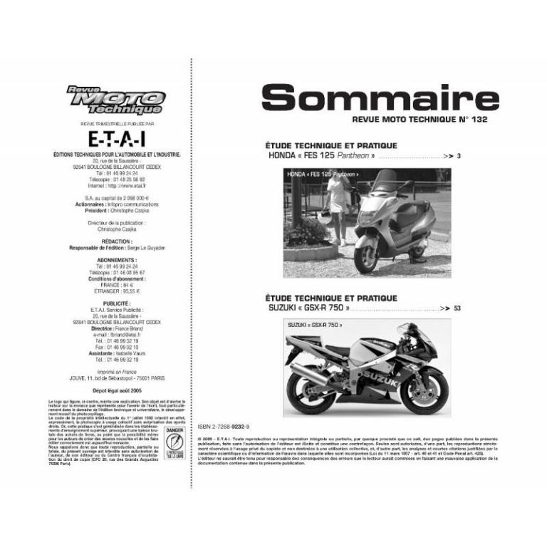 Revue technique moto ETAI RMT 132.1 HONDA 125 FES (1999 à 2003) et SUZUKI GSX 750 (2000 à 2003) - ref. 19650