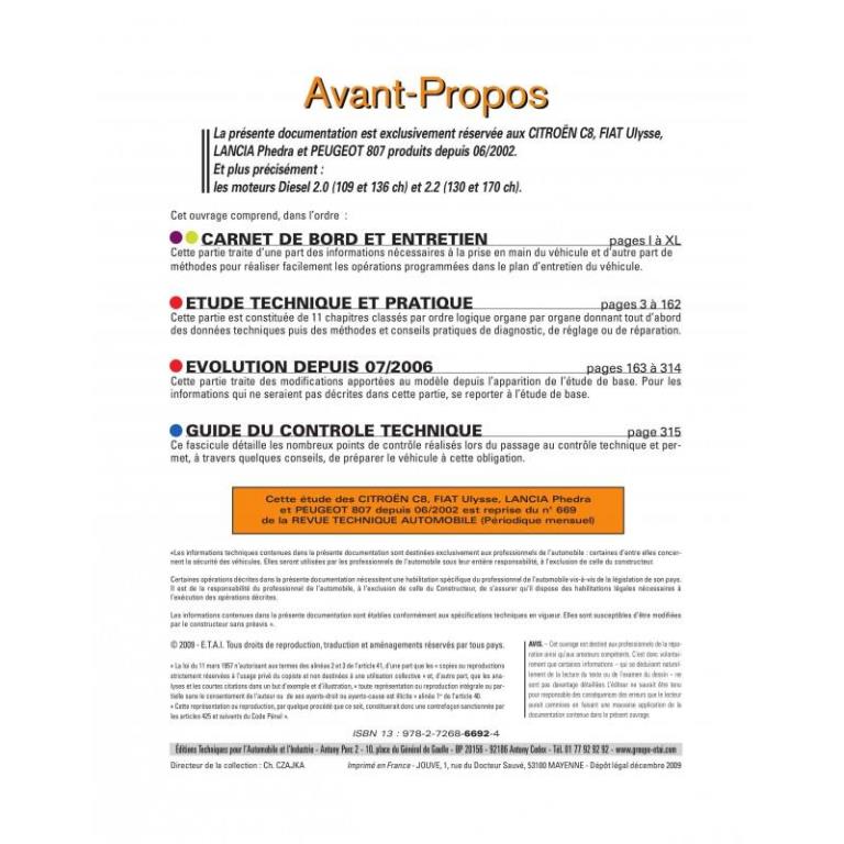 Revue technique auto (Rta) ETAI RTA 669.1 PEUGEOT 807/CITROEN C8 D 2.0 & 2.2 HDI - ref. 19755
