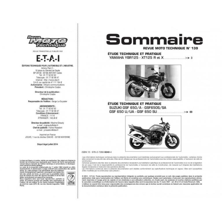 Revue technique moto ETAI RMT 139.1 YAMAHA YBR - XT 125 (2005) et SUZUKI GSF 650 (2005 à 2006) - ref. 20092