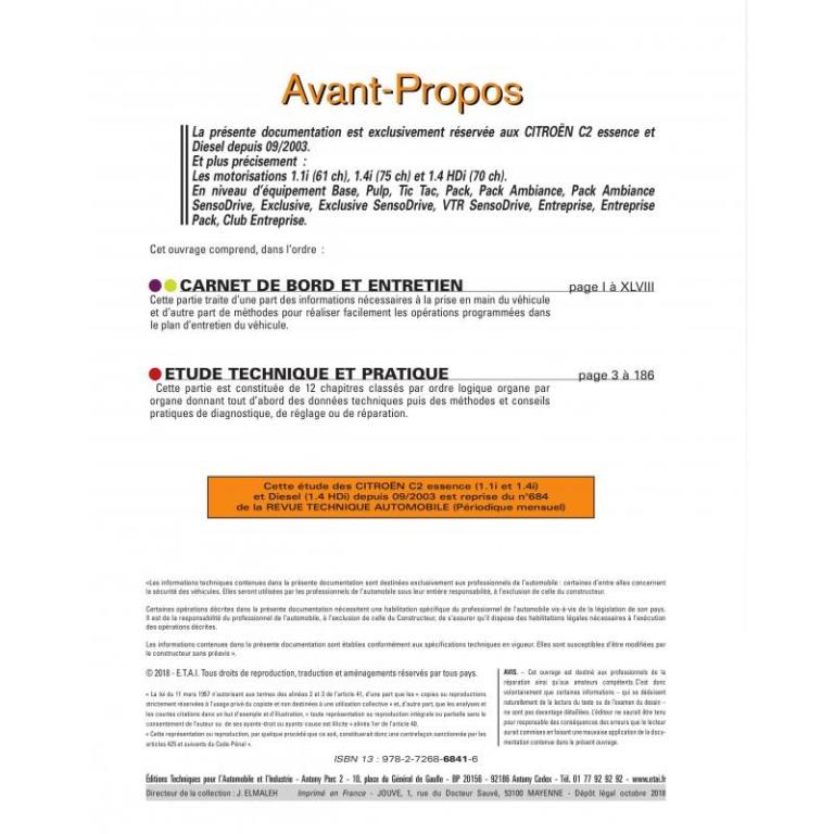 Revue technique auto (Rta) ETAI RTA 684.1 CITROEN C2 ESSENCE ET DIESEL DEPUIS 09/03 - ref. 20155