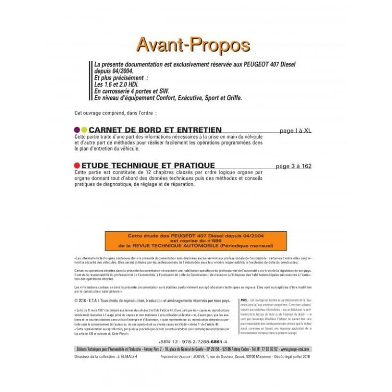 Revue technique auto (Rta) ETAI RTA 686.1 PEUGEOT 407 DIESEL DEPUIS 04/2004 - ref. 20706