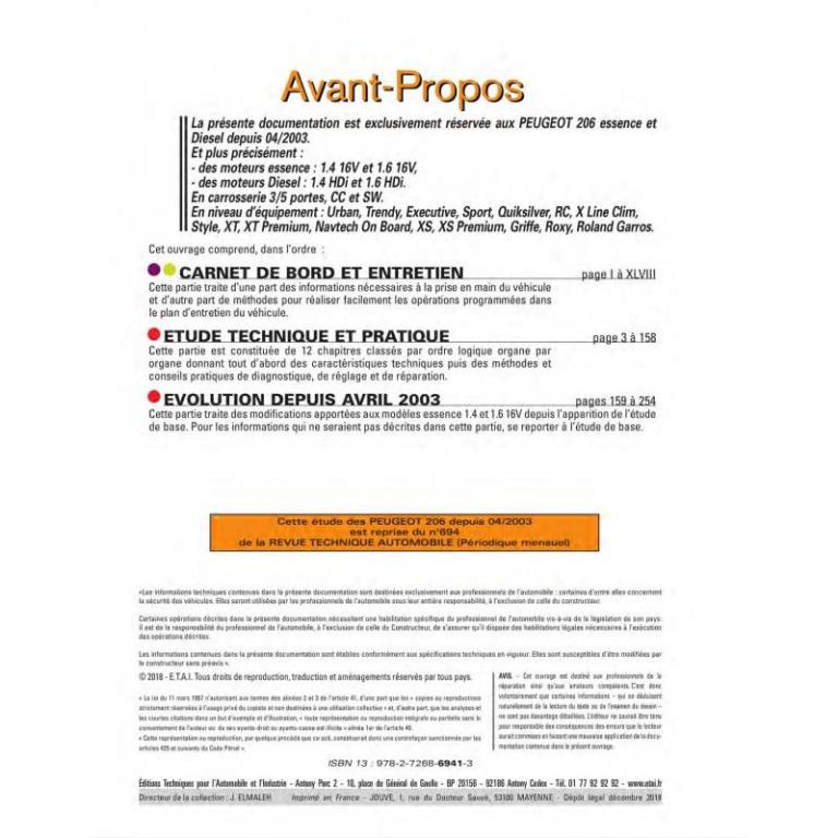 Revue technique auto (Rta) ETAI RTA 694.1 PEUGEOT 206 DIESEL 1.4 HDI 1.6 HDI 04/2004 - ref. 20851