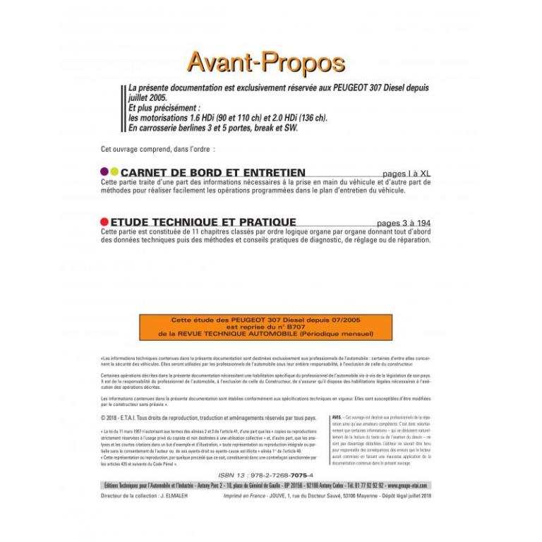 Revue technique auto (Rta) ETAI RTA B707.5 PEUGEOT 307 II 07/05> DIES 1.6HDI/2.0HDI - ref. 21783