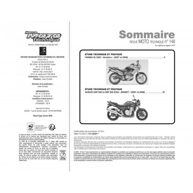 Revue technique moto ETAI RMT 148.1 SUZUKI GSF650 (2007 à 2008) et HONDA XL125 (2007 à 2008) - ref. 22181