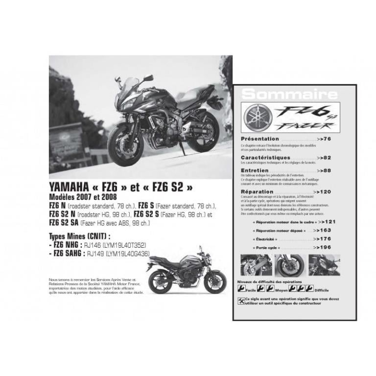 Revue technique moto ETAI RMT 151.1 SUZUKI RV125 (2007 à 2009) et YAMAHA FZ6N et FZ6S (2007 à 2008) - ref. 22386