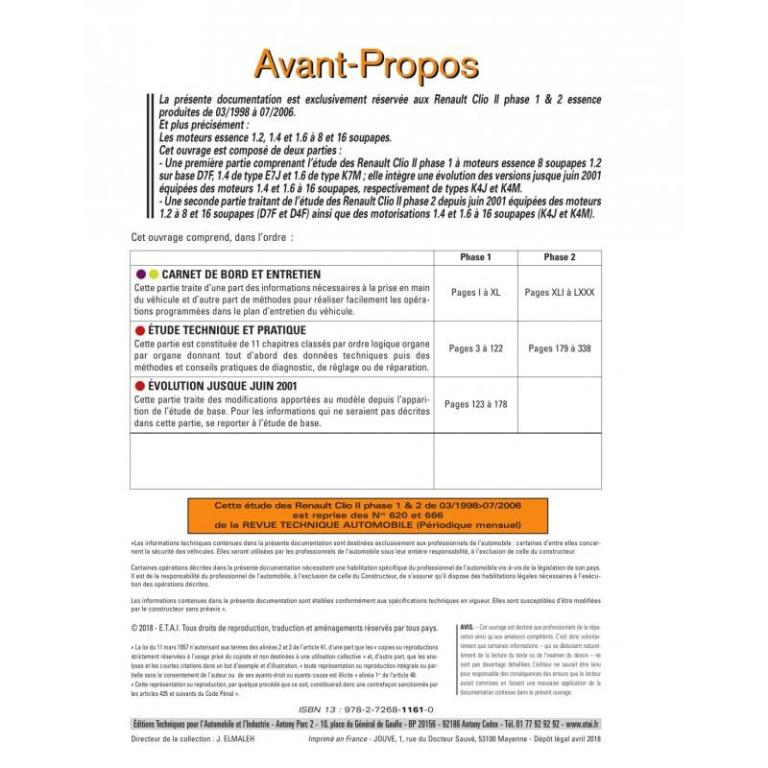 Revue technique auto (Rta) ETAI RTA 116.1 RENAULT CLIO 2 PHASE 1 ET 2 ESSENCE - ref. 22907