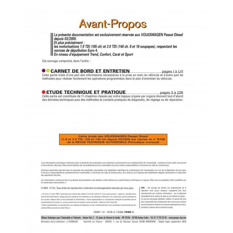 Revue technique auto (Rta) ETAI RTA B709.6 VOLKSWAGEN PASSAT TDI DEPUIS 03/2005 - ref. 23532