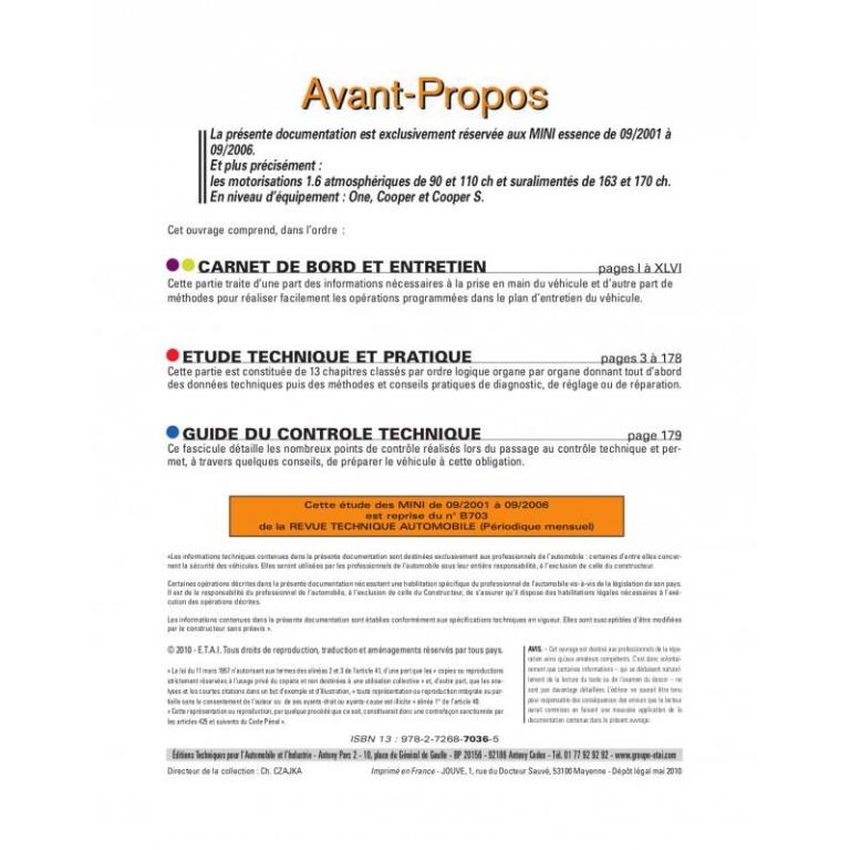 Revue technique auto (Rta) ETAI RTA B703.6 MINI ONE/COOPER 1.6 90 ET 110 + S163/170 - ref. 23533