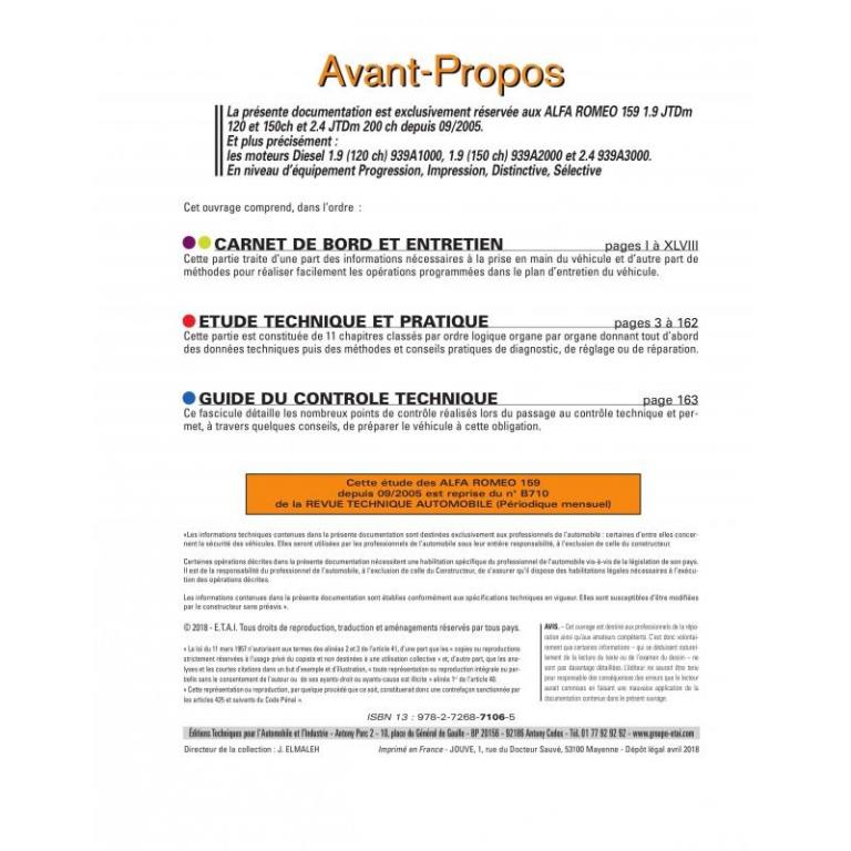 Revue technique auto (Rta) ETAI RTA B710.6 ALFA ROMEO 159 1.9 ET 2.4 JTD - ref. 23536