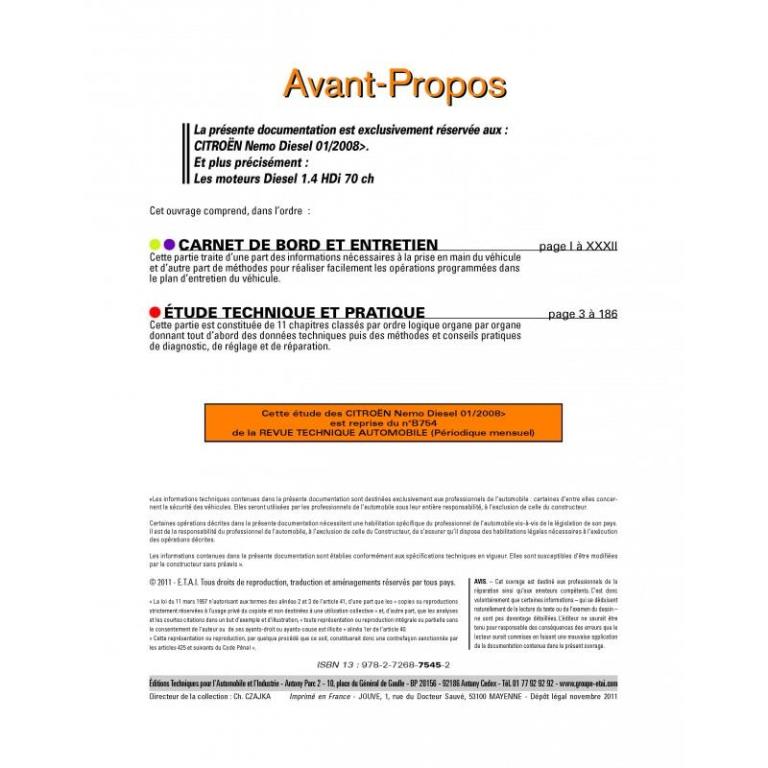 Revue technique auto (Rta) ETAI RTA B754 CITROEN NEMO 1.4 HDI (70) 8V DEPUIS 01/2008 - ref. 23681