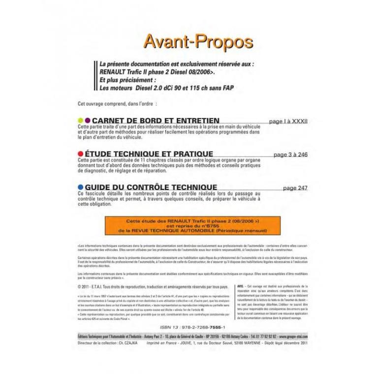 Revue technique auto (Rta) ETAI RTA B755 TRAFIC II 2.0 DCI (90/115)DEPUIS 08/2006 - ref. 23682
