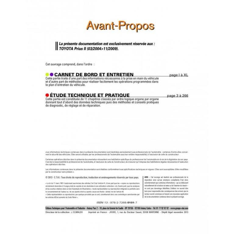 Revue technique auto (Rta) ETAI RTA HS 010.1 TOYOTA PRIUS II 1,8I HY100CH 16V 2004/09 - ref. 24709