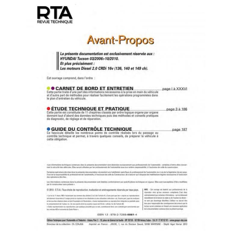 Revue technique auto (Rta) ETAI RTA HS 006.1 TUCSON BREAK 03/2006>10/2010 2.0 CRDI - ref. 24719