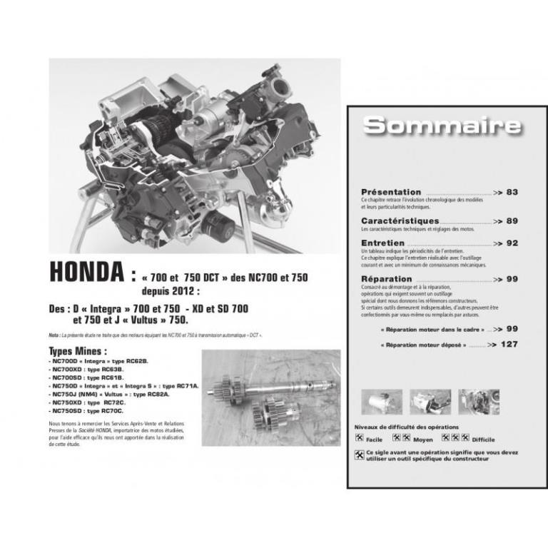 Revue technique moto ETAI RMT 179 HONDA MSX 125 (2013 à 2015) et HONDA MOTEUR NC700-750DCT (2012 à 2015) - ref. 25921