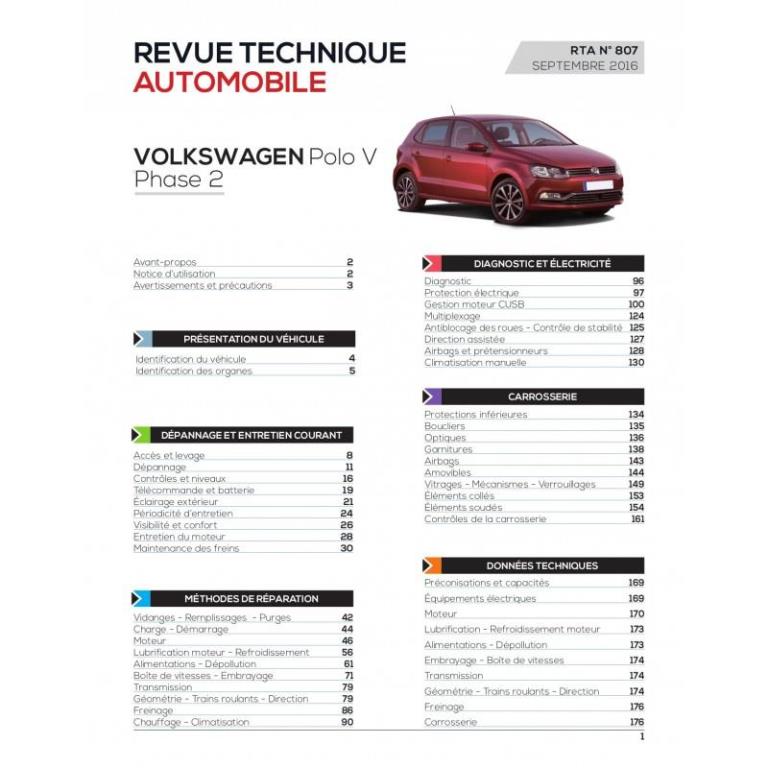 Revue technique auto (Rta) ETAI RTA 807 POLO V Ph.2:1.4 TDI(90 ch)depuis 02/2014 - ref. 26374
