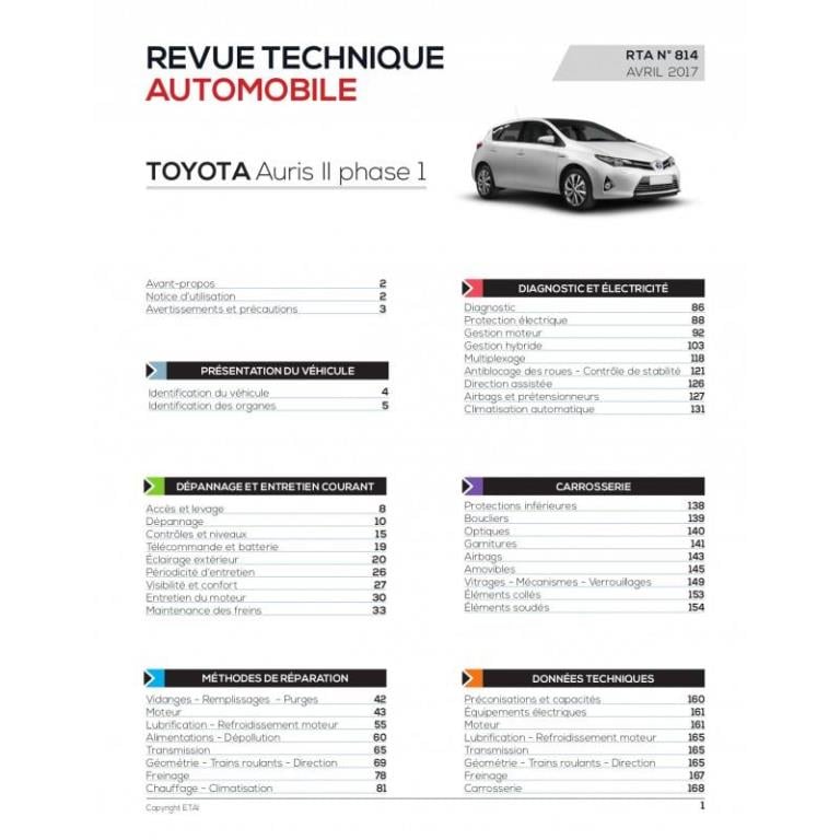 Revue technique auto (Rta) ETAI RTA 814 TOYOTA AURIS II Ph1:1;8i EH (Hybrid) De 2013 à 2015 - ref. 26738