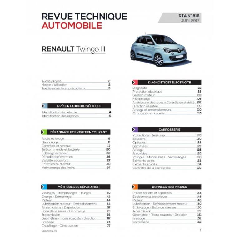 Revue technique auto (Rta) ETAI RTA 816 Twingo III : 1.0i (71 ch) (depuis 2014) - ref. 26740
