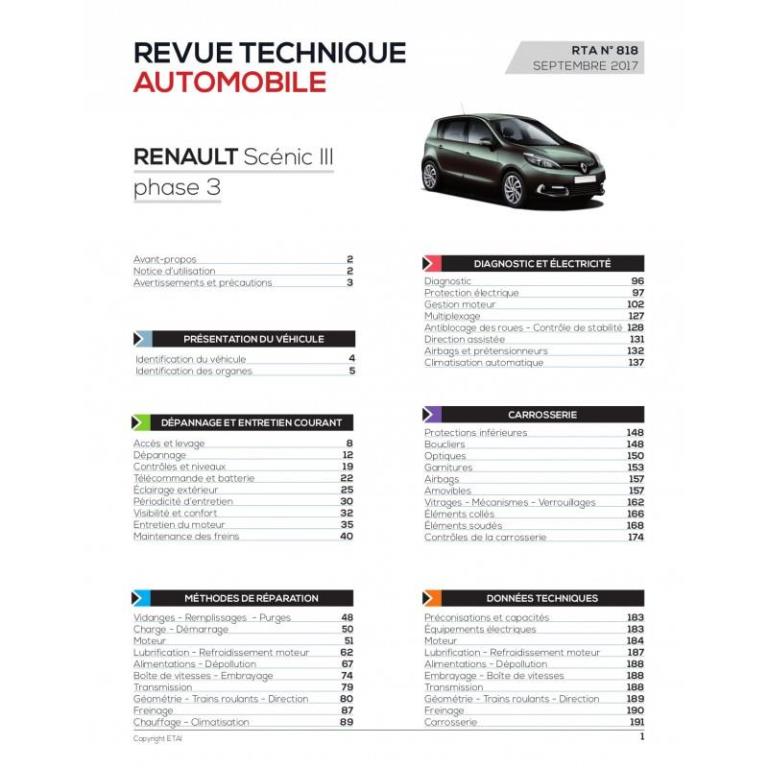 Revue technique auto (Rta) ETAI RTA 818 SCENIC III Ph.3 1.6 Ci (130 ch) 2013 à 2016 - ref. 26742