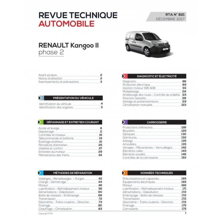 Revue technique auto (Rta) ETAI RTA 821 R KANGOO II Ph.2 1.5 Dci (75et90ch) depuis 2013 - ref. 26745