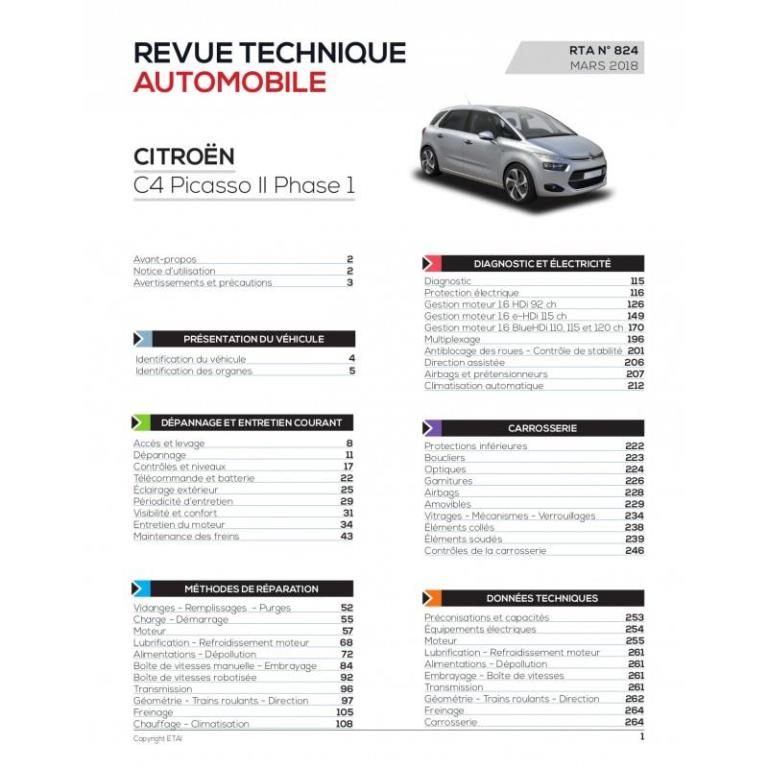 Revue technique auto (Rta) ETAI RTA 824 C4 PICASSO II Ph1.1.6HDi (92 à 120ch)(2013 ><2016) - ref. 27204