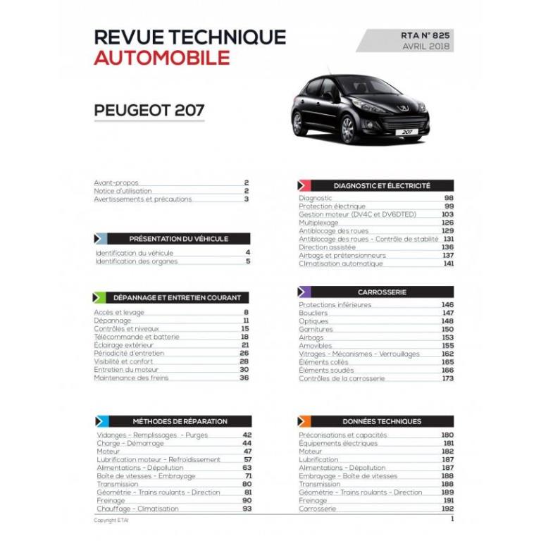 Revue technique auto (Rta) ETAI RTA 825 P 207/1.4 Hdi (70ch) 1.6 Hdi (92ch)(2010 à 2014) - ref. 27205