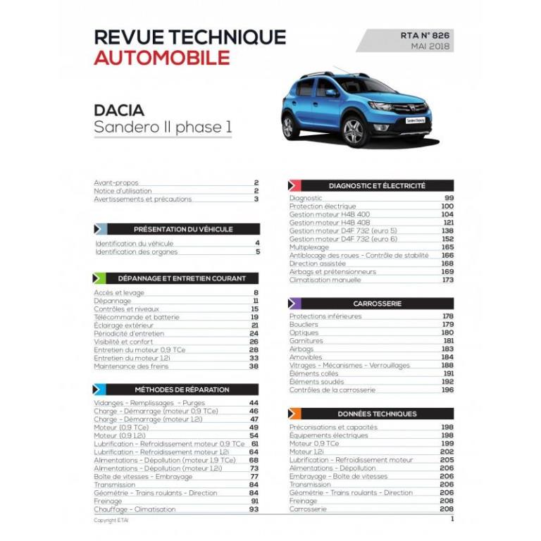 Revue technique auto (Rta) ETAI RTA 826 DACIA SANDERO HAYON 5P II Phase 1 2012-10-> - ref. 27206