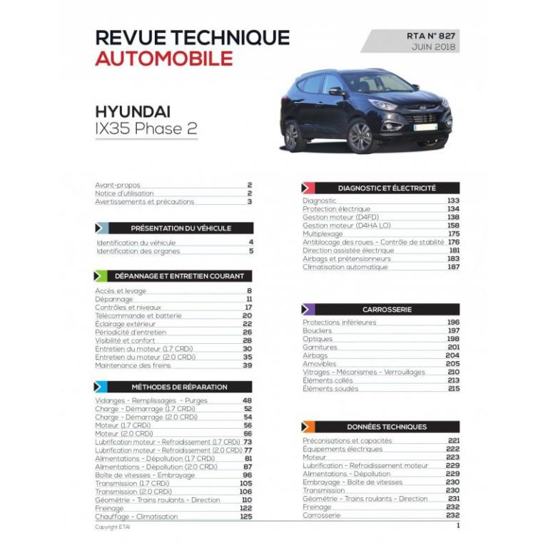 Revue technique auto (Rta) ETAI RTA 827 HYUNDAI IX35 BREAK 5P Phase 2 2013-03->- - ref. 27207