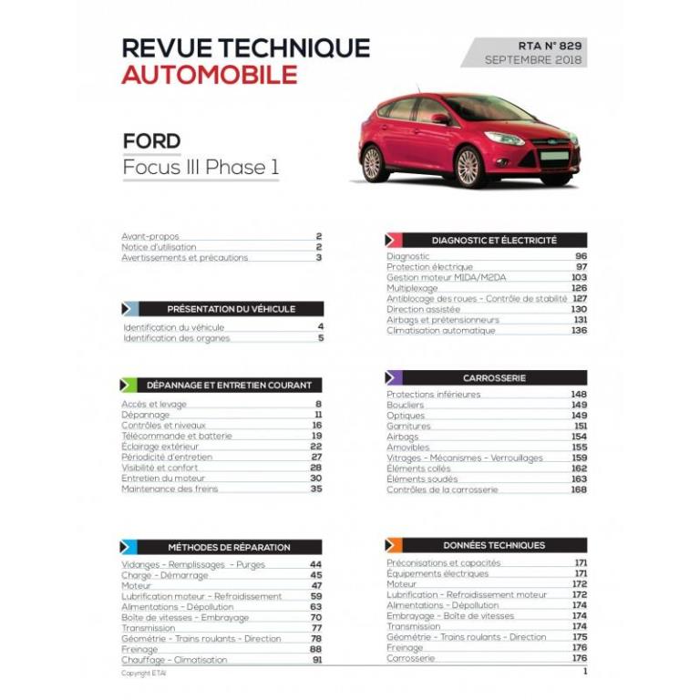 Revue technique auto (Rta) ETAI RTA 829 F FOCUS HAYON 5P III Phase1 2011-01->2015-04 - ref. 27209