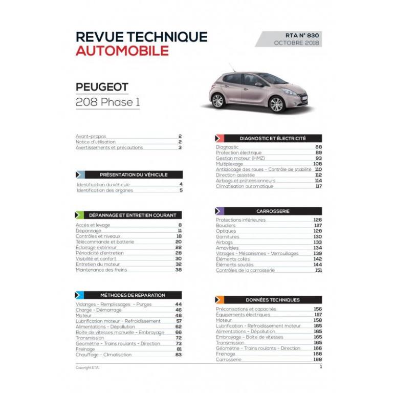 Revue technique auto (Rta) ETAI RTA 830 PEUGEOT 208 PHASE 1 (2012 à 2015) - Essence - ref. 27210
