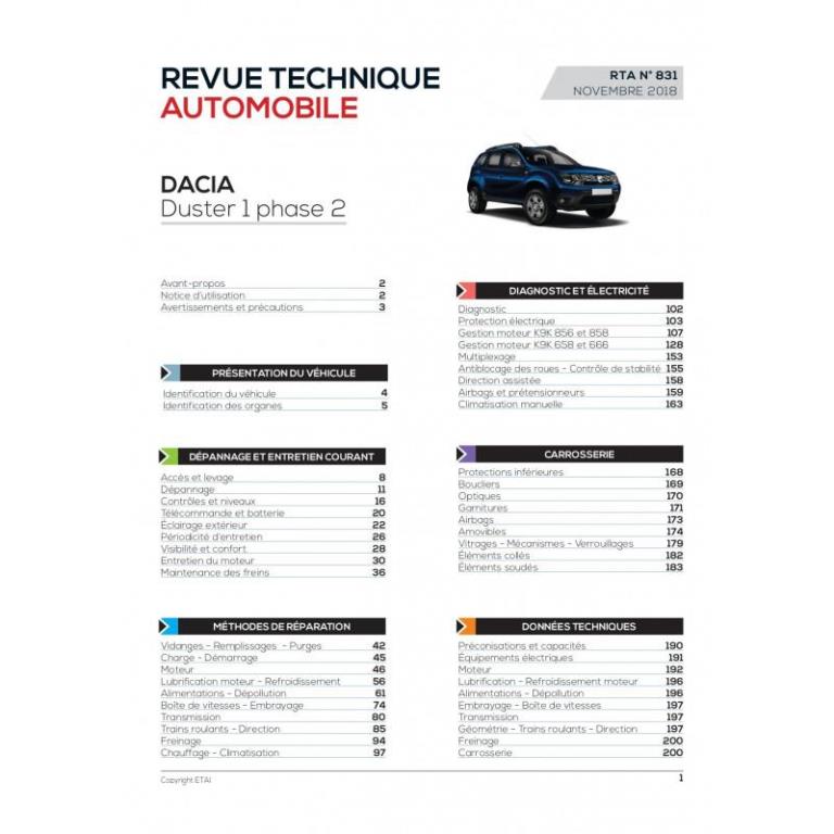 Revue technique auto (Rta) ETAI RTA 831 DACIA DUSTER I PHASE 2 (2013 à 2017) - ref. 27211