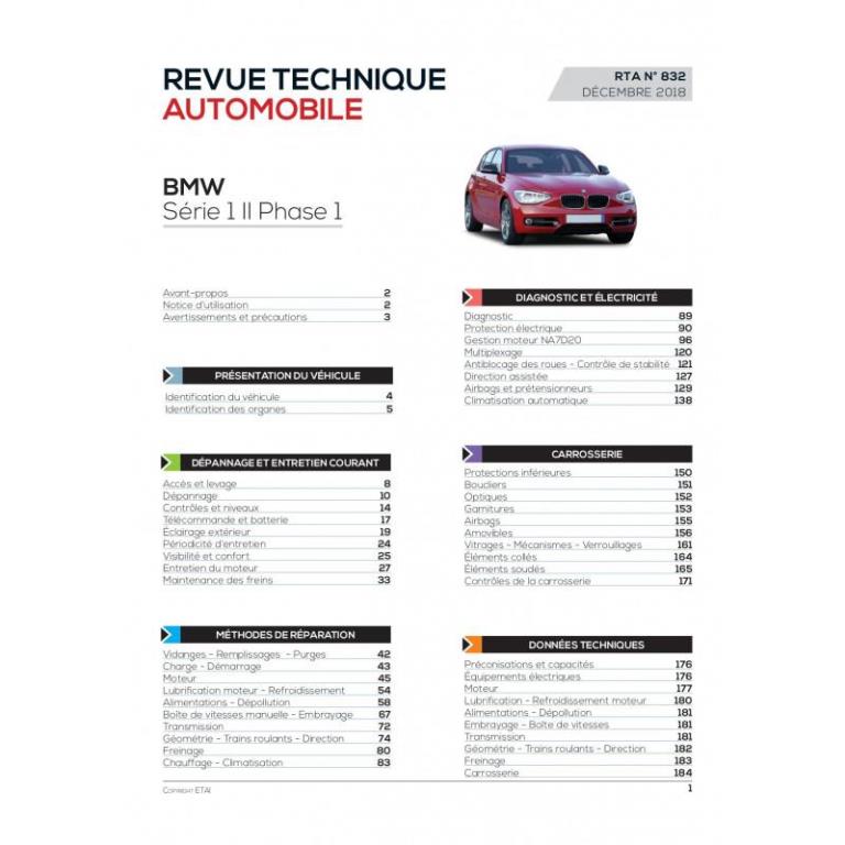 Revue technique auto (Rta) ETAI RTA 832 BMW SERIE 1 II PHASE 1 (F20/F21) (2011 à 2015) - ref. 27212