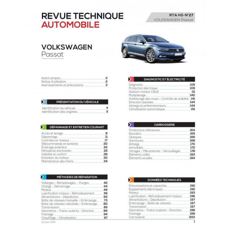 Revue technique auto (Rta) ETAI RTA hors série N°27 PASSAT VII (3G) BERLINE (2014 à ce jour) - ref. 27580