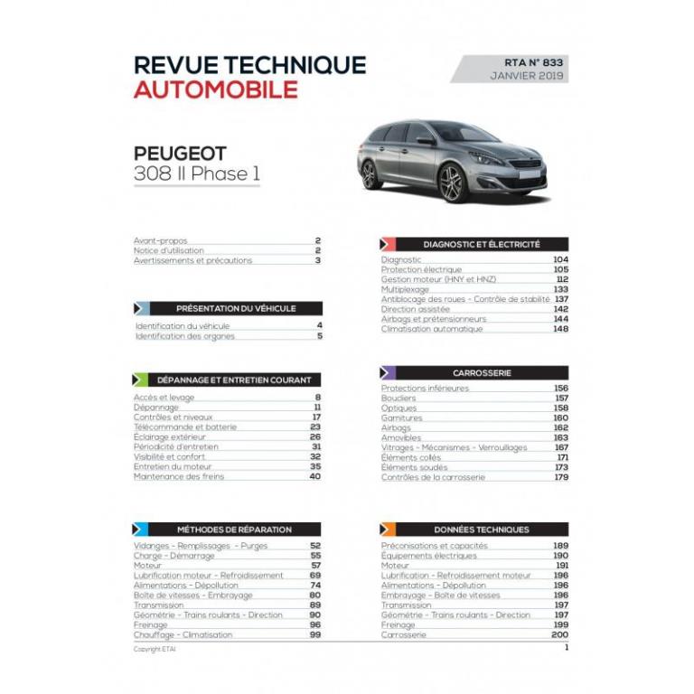 Revue technique auto (Rta) ETAI RTA 833 PEUGEOT 308 II PHASE 1 (2014 à 2017) - ref. 27792