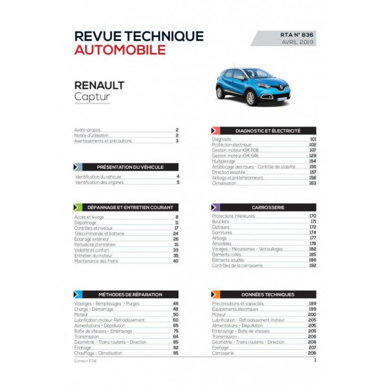 Revue technique auto (Rta) ETAI RTA 836 RENAULT CAPTUR I PHASE 1 (2013 à 2017) - ref. 27795