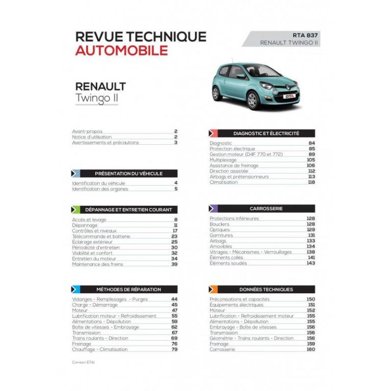 Revue technique auto (Rta) ETAI RTA 837 RENAULT TWINGO II PHASE 2 (2011 à 2014) - Essence - ref. 27796