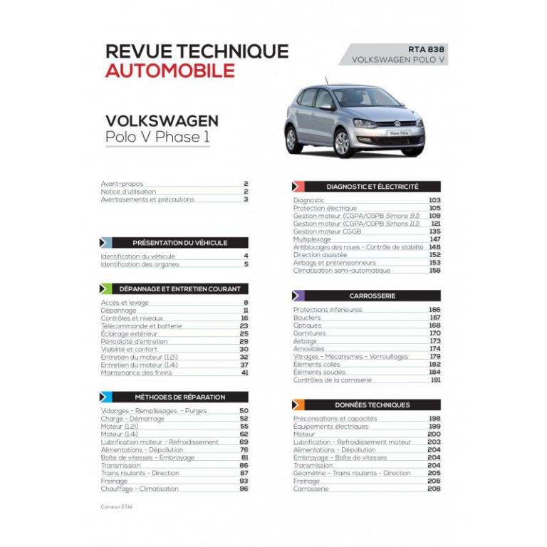 Revue technique auto (Rta) ETAI RTA 838 VOLKSWAGEN POLO V (6R) phase 1 (2009 à 2014) - Essence - ref. 27797