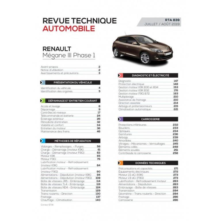 Revue technique auto (Rta) ETAI RTA 839 MEGANE III PHASE 1 (2008 à 2012) - ref. 27798